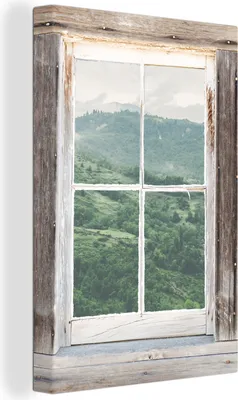 Produktbild von OneMillionCanvasses® - Leinwandbilder - 90x140 cm, Aussicht - Berg - Holz, - Geöffnetes Fenster - Fensterblick Schlafzimmer Kunstdruck Wanddekoration - Foto auf Leinwand - Gemälde auf Holzrahmen  - Wandschmucke - Schlafzimmer