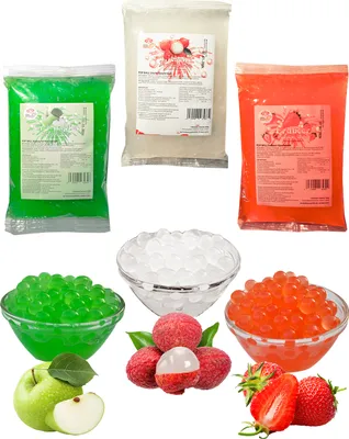 Produktbild von Bubble Tea Popping Boba Mix - 3 x 600g Erdbeer+Grünapfel+Litschi -Aktion: 1 Gratis 600g Packung Boba Fruchtperlen - Natur&Vegan&Glutenfrei Boba Perlen