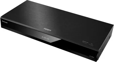 A black Panasonic Blu-ray player is shown from a three-quarter angle on a white background.