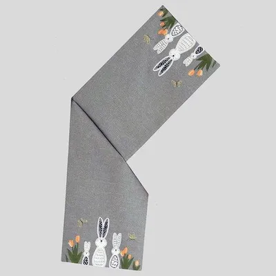 Produktbild von Unyqoos® Tischdecke quadratisch 85 x 85 cm, Polyester, grau – Oster-Tischdecke mit Hasen- und Blumenmotiv und Kurbelstickerei