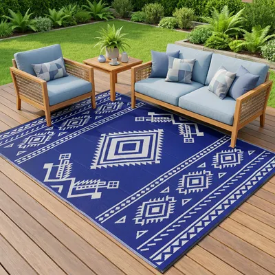 Produktbild von GOTGELIF Campingteppich 274x366cm, Wasserdichte Outdoor-Matte, Wendbarer Bohemian RV Teppich, Tragetasche & Heringen, für Terrasse, Garten, Strand Blau