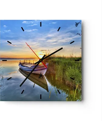 Produktbild von Wanduhr - Quadrat - Glasuhr - See Boot Wasser - 40x40cm - Schleichendes Uhrwerk - Lautlos - zum Aufhängen bereit - Dekoration Modern - Wanddekoration aus Glas - C3AC40x40-3950