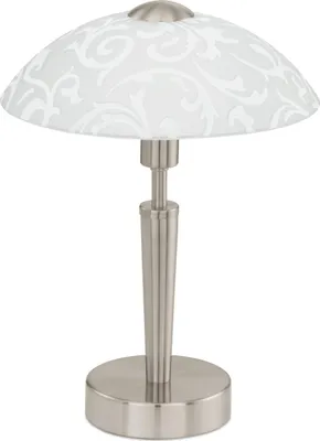 Produktbild von EGLO Tischleuchte Solo, 1 flammige Tischlampe, Material: Stahl, Farbe: Nickel matt, Glas: satiniert weiß mit Nachbildung, Fassung: E14, inkl. Touchdimmer