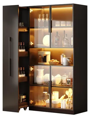 Image de Vitrine AIORBER 110 x 30 x 160 cm avec éclairage LED, étagères coulissantes, vitrine en verre, vitrine sur pied pour salon, cuisine, bureau, style moderne, noir