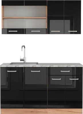 Produktbild von Singleküche Vicco R-Line Schwarz Hochglanz/Goldkraft Eiche 140 cm , AP Marmor, Model 43311