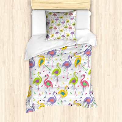 Produktbild von ABAKUHAUS Flamingo Mantele, Retro Bunte Muster, Milbensicher Allergiker geeignet mit Kissenbezügen, 135 cm x 200 cm - 80 x 80 cm, Mehrfarbig