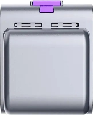 A close-up, top-down view of a silver-colored electronic device with a purple accent.