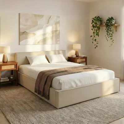 Produktbild von Polsterbett PESARO 160x200 cm, Beige – modernes Doppelbett mit Lattenrost, Stoffbezug aus 100% Polyester in Leinen Optik, mit Kopfteil für Schalfzimmer