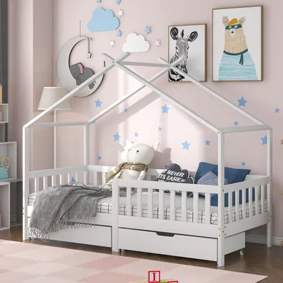 Zdjęcie produktu dla Łóżko dziecięce Merax 90x200 cm z zabezpieczeniem przed wypadnięciem, podstawa łóżka i stelaż z listew, sosnowe łóżko dziecięce z dachem, domek dziecięcy dla chłopców i dziewczynek, biały