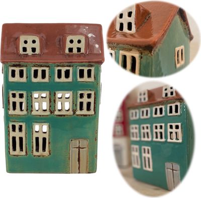 LS-LebenStil Lichterhaus Nyhavn 17cm Grün Braun Keramik Teelichthaus Fachwerkhaus Teelichthalter Windlicht Kerzenständer Wohnzimmer, Fensterbank
