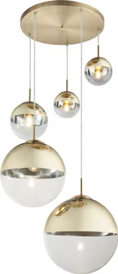 A multi-pendant chandelier with glass globes.