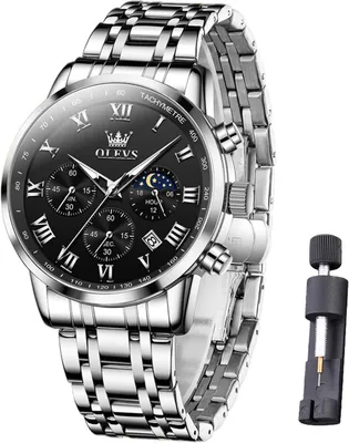 Produktbild von Herren Armbanduhr Edelstahl Chronograph mit Mondphase,Quarz Analog, Wasserdicht 30 m, Klassisch & Stilvoll, Verstellbares Armband, Geschenk für Männer
