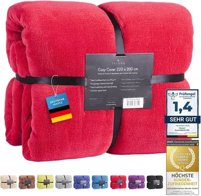 Produktbild von Feluna XXL Kuscheldecke 220x200 cm Rot – Ultra flauschige Wohndecke mit edlem Kaschmir-Touch aus weichem Korallenfleece für Ihr Sofa oder Bett