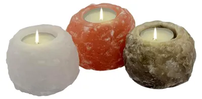 Produktbild von Teelichthalter Set aus Himalaya Kristallsalz – Handgefertigte Salzlampe in Orange, Weiß und Grau – Dekorative Teelichthalter für stimmungsvolle Beleuchtung