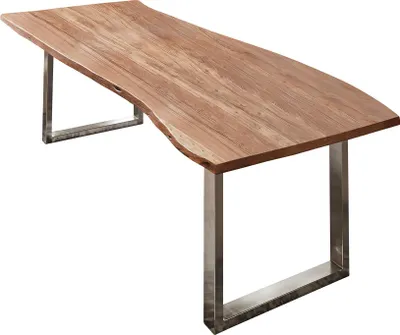 Produktbild von Esszimmertisch 240x100 cm Umea, Baumkantentisch naturfarben, Akazienholz massiv, U-Gestell Edelstahl gebürstet