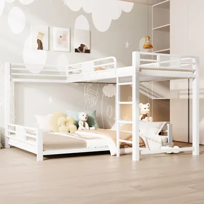 Immagine prodotto di Letto a castello in metallo a forma di L, dimensioni 90x200 cm sopra e 140x200 cm sotto, con sponde di sicurezza e doghe in metallo, letto a castello salvaspazio ideale per camerette e stanze per gli ospiti, colore bianco