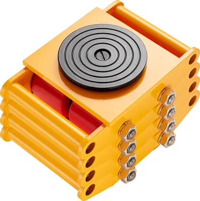 A yellow industrial roller with red wheels and a black rotating plate on top, isolated on a white background.