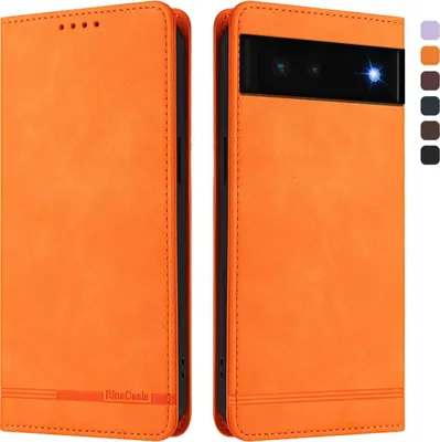 Produktbild von Hülle für Google Pixel 6, Retro Kunstleder Ständer Klapphülle mit Kartenfächer und Magnetische Orange