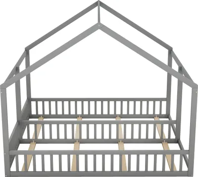 Produktbild von Kinderbett, 90x200 cm, Hausbett mit 2 Schlafgelegenheiten und Lattenrost, Holzbett aus Kiefer, Jugendbett