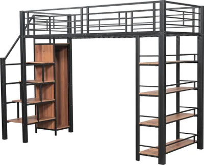 Produktbild von Hochbett, 90x200 cm, Metallbett mit Lattenrost, Regal, Treppe und Rausfallschutz, Kinderbett, Jugendbett