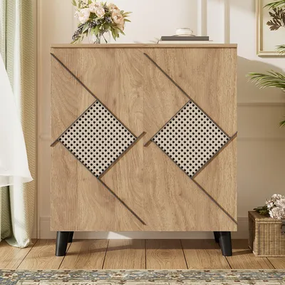 Image de Armoire à chaussures - Rangement à chaussures - Étagère à chaussures - Armoire à chaussures - Meuble de rangement - Bambou - Portes en rotin