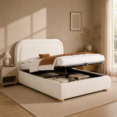 Image de Lit tapissier 160x200 cm avec espace de rangement à mécanisme hydraulique, sommier à lattes et tête de lit rembourrée, lit double, blanc, tissu bouclé