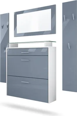 Produktbild von Vladon Garderobe Malea, Garderobenset bestehend aus 1 Hängeschuhschrank, 1 Wandspiegel und 2 Garderobenpaneele, Weiß matt/Grau Hochglanz