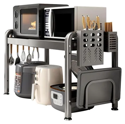 Produktbild von Erweiterbares Mikrowellenregal mit Schneidebretthalter und 6 Haken, verstellbarer Küchenorganizer für Toaster, Ofen und Brotmaschine