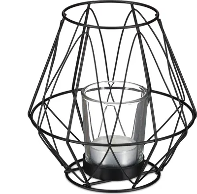 Zdjęcie produktu dla Świecznik na świeczki typu tealight marki Relaxdays, geometryczny wzór, świecznik ze szklanym kloszem, metalowy, wymiary: wys. x średnica 14 x 14 cm, kolor czarny