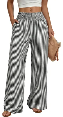 Image de Pantalon ample pour femmes ASKSA, pantalon d'été à carreaux, taille haute, coupe palazzo élastique, style baggy, pantalon de loisirs décontracté avec poches, rayures, gris, taille XXL