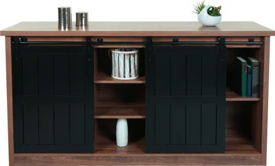 Produktbild von Sideboard HWC-K75, Highboard Regal Schrank Schiebetüre 7 Fächer Holz-Optik Industrial Metall 84x150x40cm braun