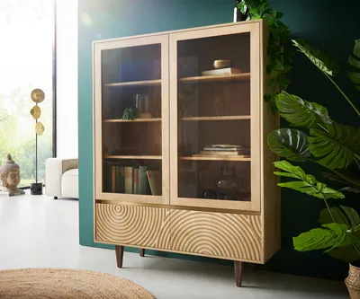 Produktbild von DELIFE Vitrine Budaya 115x135 cm Mango Natur 4 Türen Fuß vierkant