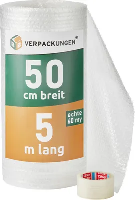 Produktbild von Verpackungsset Sparpaket Luftpolsterfolie 0,5 x 5 m + Tesa Klebeband PP 64014 (transparent) BB-Verpackungen
