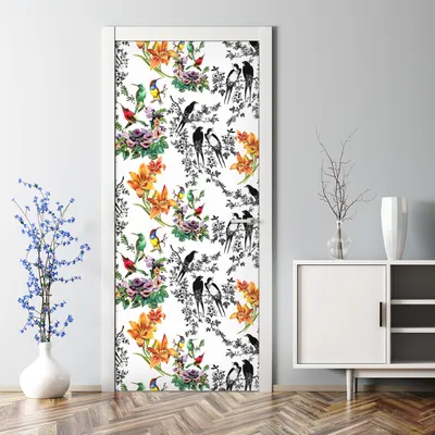 Produktbild von Dekorative Türaufkleber selbstklebend Klebefolie Aufkleber Bunte Blumen & Vögel 77 x 200 cm
