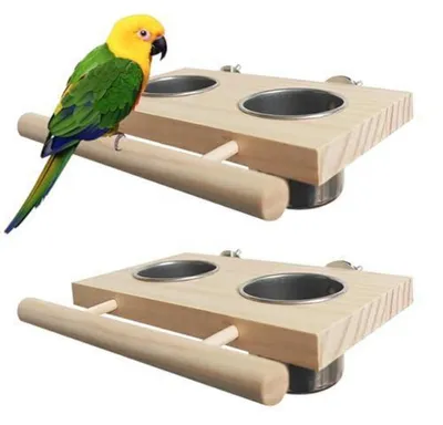 Immagine prodotto di Set da 2 accessori per gabbia per uccelli, in acciaio inossidabile, composto da ciotola per cibo e posatoio in legno