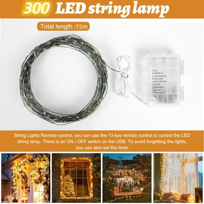 Productafbeelding van Lichtketting voor binnen, kerstboomverlichting, 15 meter met 300 LED's, werkt op batterijen