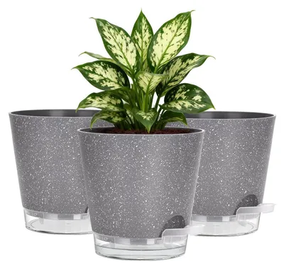 Obrázok produktu pre Sada 3 kvetináčov s automatickou závlahou, 15 cm, sivá farba "Tacheté", plast, s vnútorným systémom závlahy