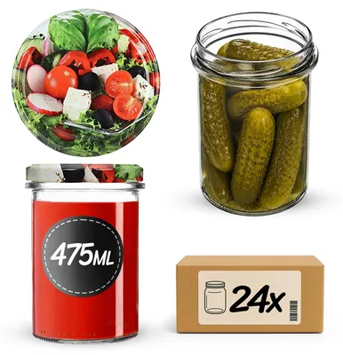 Produktbild von KADAX Einmachgläser 475ml mit Ø 82 mm Schraubdeckel, Marmeladengläser, Schraubgläser zum Einkochen, Einmachen und Aufbewahren von Marmelade & Honig (Gemüsemix, 24 Stück)