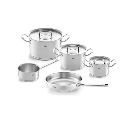 Produktbild von Fissler Original-Profi Collection / Edelstahl-Kochtopfset, 5-teilig, Topf mit Metall-Deckel (3 Kochtöpfe,1 Pfanne-unbeschichtet, 1 Stielkasserolle-deckellos) - Induktion, 084-378-05-000/0, Silber, 8-Pieces
