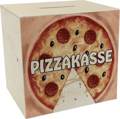 Produktbild von Pizzakasse Spardose aus Holz mit Pizzamotiv