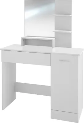 A white vanity table with a mirror and shelves.