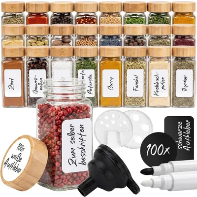 Produktbild von classbach® Gewürzgläser | Glas | 24x125ml | 200 Sticker | Gewürzstreuer | inkl. grober/feiner Aufsätze | spülmaschinengeeignet | luftdicht | C-GG 4032