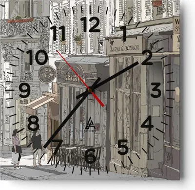 Produktbild von Wanduhr - Quadrat - Glasuhr - Architektur Zeichnen Montmartre - 30x30cm - Schleichendes Uhrwerk - Lautlos - zum Aufhängen bereit - Dekoration Modern - Wanddekoration aus Glas - C4AC30x30-4141