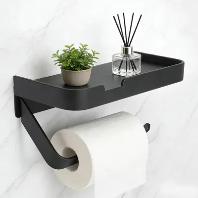 Produktbild von Toilettenpapierhalter mit Ablage, Wandmontage, Aluminium, schwarz, für Badezimmer