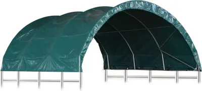 A green arched shelter or tent structure supported by a metal frame, shown against a white background.