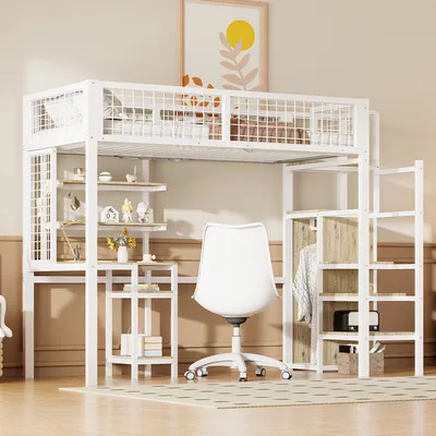 Produktbild von Flieks Etagenbett 90×200cm mit Treppe und Kleiderschrank, Hochbett Jugendbett mit Schreibtisch und Lattenrost, Kinderbett mit Rausfallschutz und Regal, Weiß