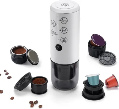 Obrázek produktu pro Přenosný kávovar 4 v 1, pracuje s kapslemi NES/DG a mletou kávou, bezdrátový, dobíjecí elektrický kávovar s tlakem 17 barů, vestavěná baterie 2600 mAh pro použití doma, v autě nebo na cestách (bez samovytápění)