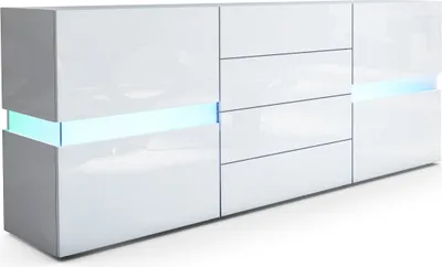 Produktbild von Vladon Sideboard Flow,  Germany, Weiß Hochglanz/Weiß Hochglanz inkl. LED - Moderne Kommode mit Ambient Light Verglasung für Ihr Wohnbereich (177 x 75 x 39 cm)