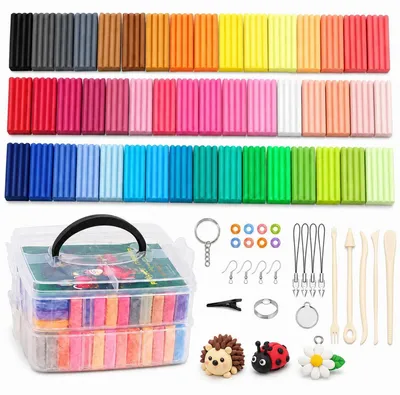 Produktbild von Polymer Clay Set 48 Farben, ofenhärtende Modelliermasse mit Werkzeugen und Schmuckzubehör, Bastelset in Aufbewahrungsbox