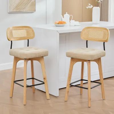 Obrázok produktu pre MODFU Sada 2 barových stoličiek, otočné o 360°, s ratanovou opierkou, otočné stoličky s čalúneným sedákom z chenille, kuchynské stoličky do jedálne s podnožkou, farba khaki